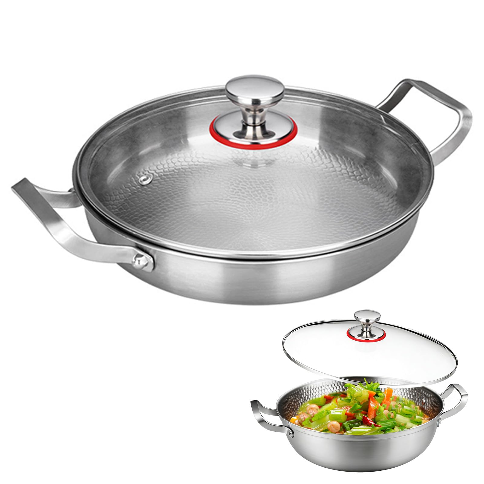 Titan Bratpfanne Ø 32 cm, Pfanne Unbeschichtet mit Deckel, Kratzfeste bratpfanne, Pfanne zwei Griffen, Gehämmerte Titan-Bratpfannes, Premium bratpfanne für Induktion, ohne Beschichtung