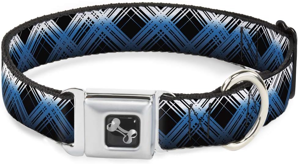 Buckle-Down Seatbelt Buckle Dog Collar - Plaid X Gradient Black/White/Blue - 1" Wide - Fits 11-17" Neck - Medium