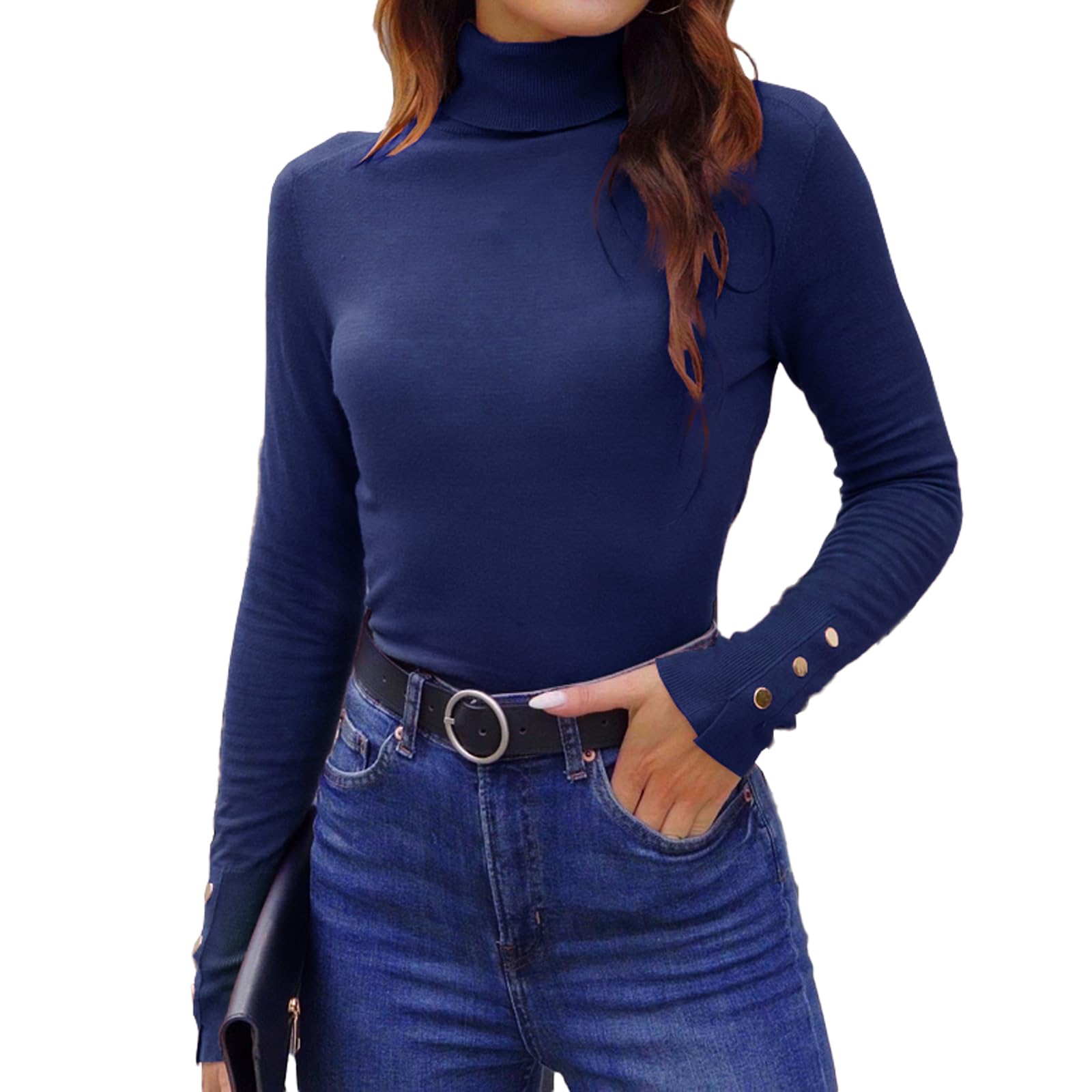 Hyipels Womens Turtleneck Sweater Long Sleeve Fitted Lightweight Soft Knit Pullover with Metal Buttons