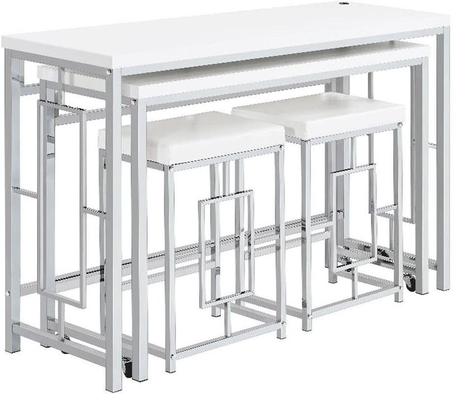 Pemberly Row 4-Piece Counter Height Dining Set, MDF/Metal, White and Chrome Finish, Large Table 55" W x 36" H, Nesting Table on Wheels, 25" H Stools, USB Port, Modern Design Kitchen or Home