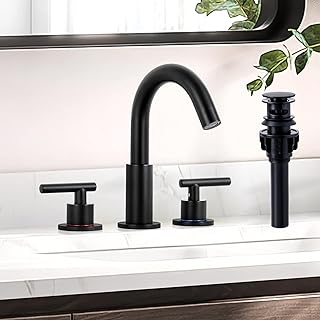 Matte Black Bathroom Faucet 3 Hole, 8 inch Widespread Bathroom Faucet with Pop Up Drain, Bathroom Sink Faucet with 360° Swivel Spout, 2 Handle Vanity Faucet with Water Supply Hoses