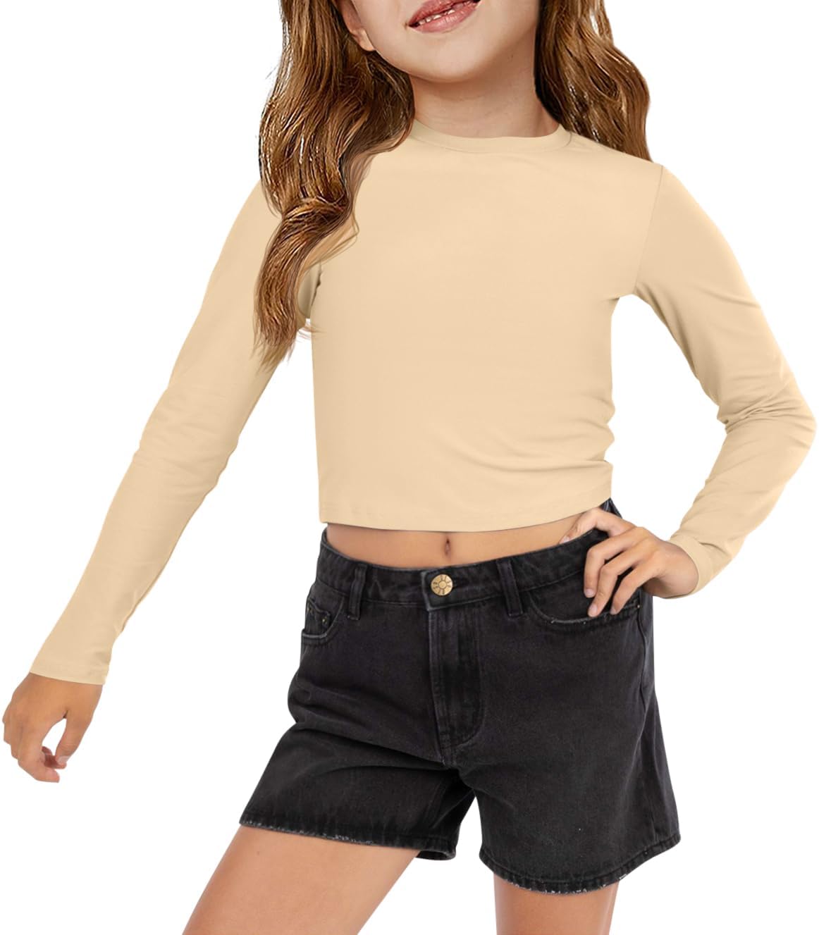 Haloumoning Girls Crop Tops Long Sleeve T Shirts Kids Crewneck Slim Fit Basic Tee for 5-14 Years