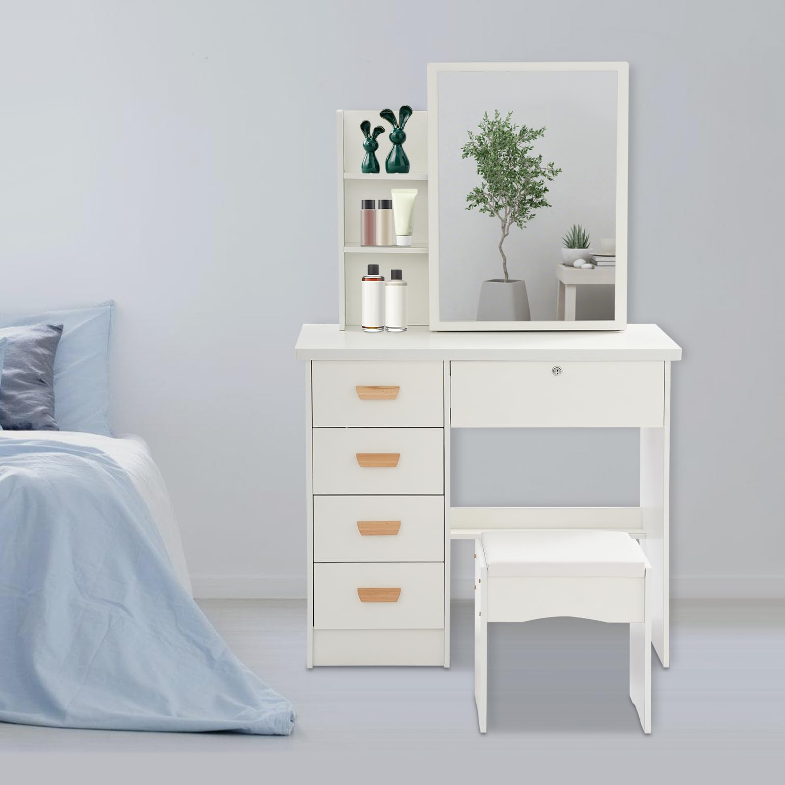 Tocador con espejo, mesa de maquillaje 5 cajones, 80 × 35 × 128 cm, con taburete, hasta 100 kg, blanco | moderno | con cerradura