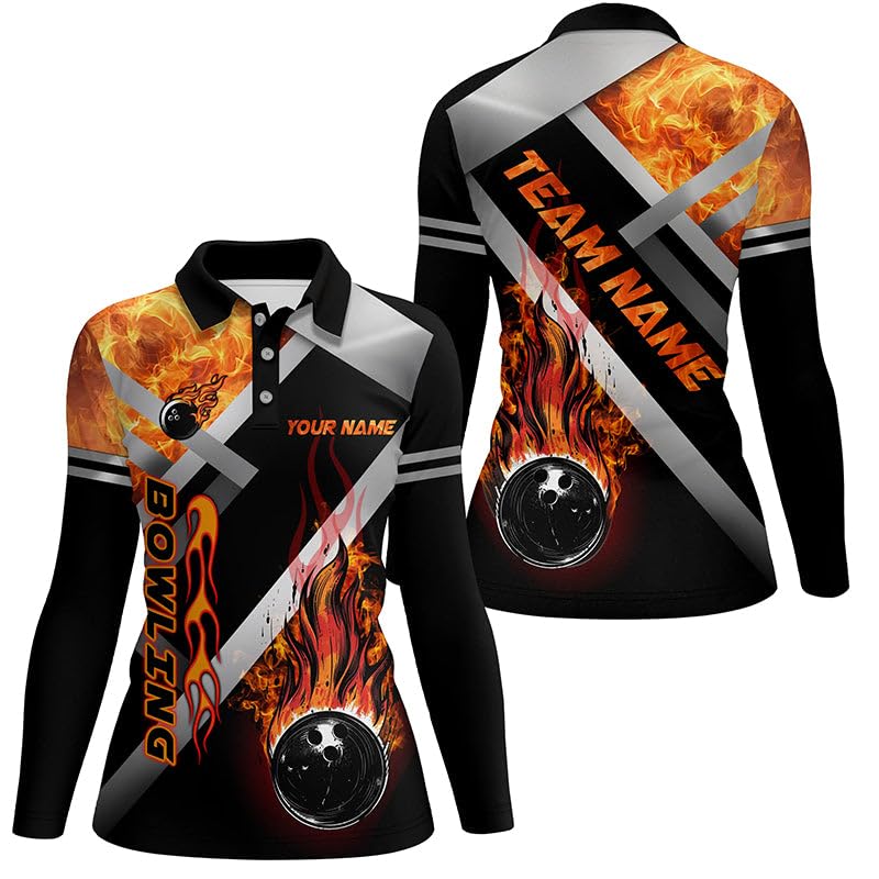 Herren & Damen Bowling Polo & Quarter Zip Shirt Benutzerdefinierte Schwarze Bowlingkugel Flame Bowling Team Trikots, Geschenk für Bowler N7432