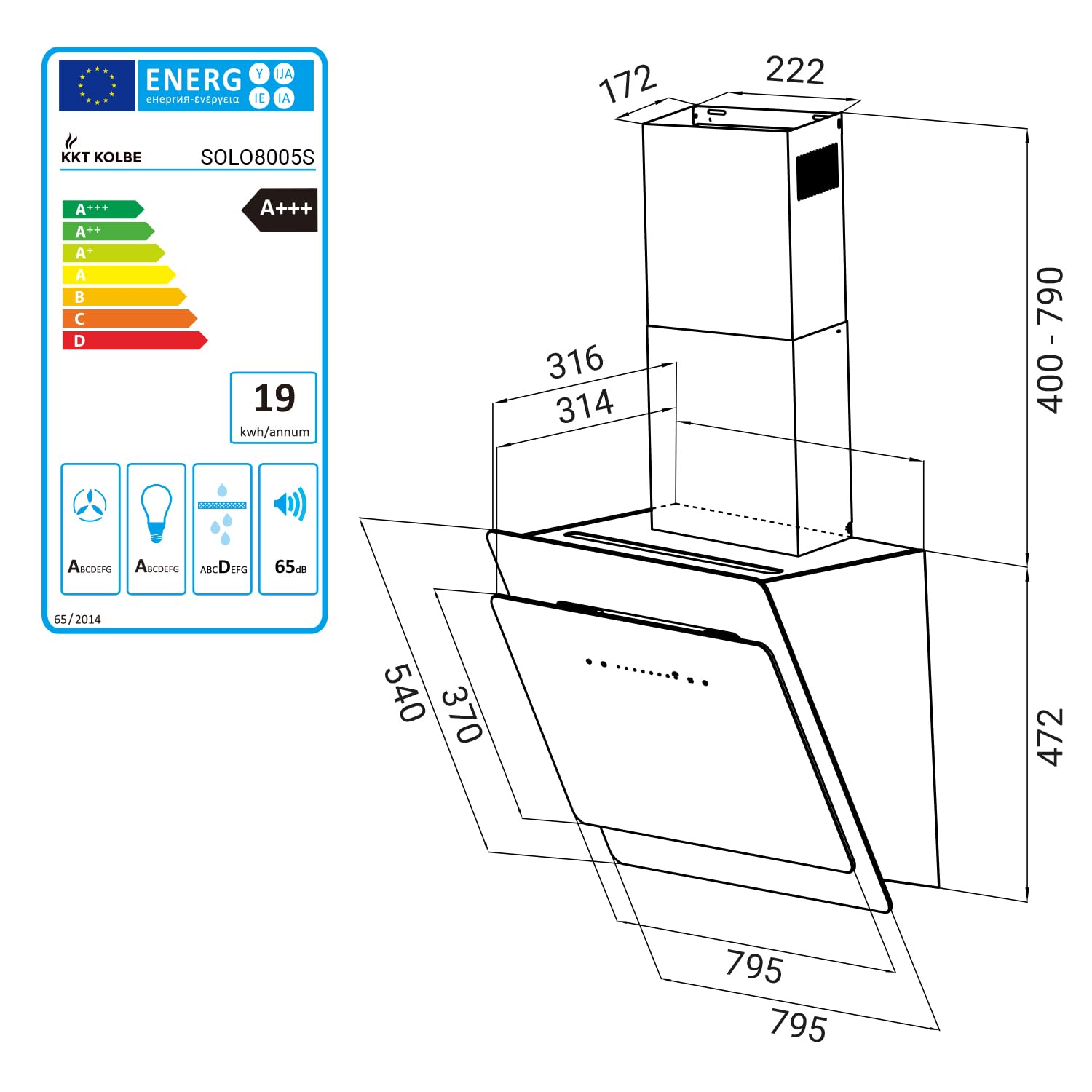 KKT KOLBE A+++ okap kuchenny 80 cm 782 m³/h SensorTouch czarny szkło LED