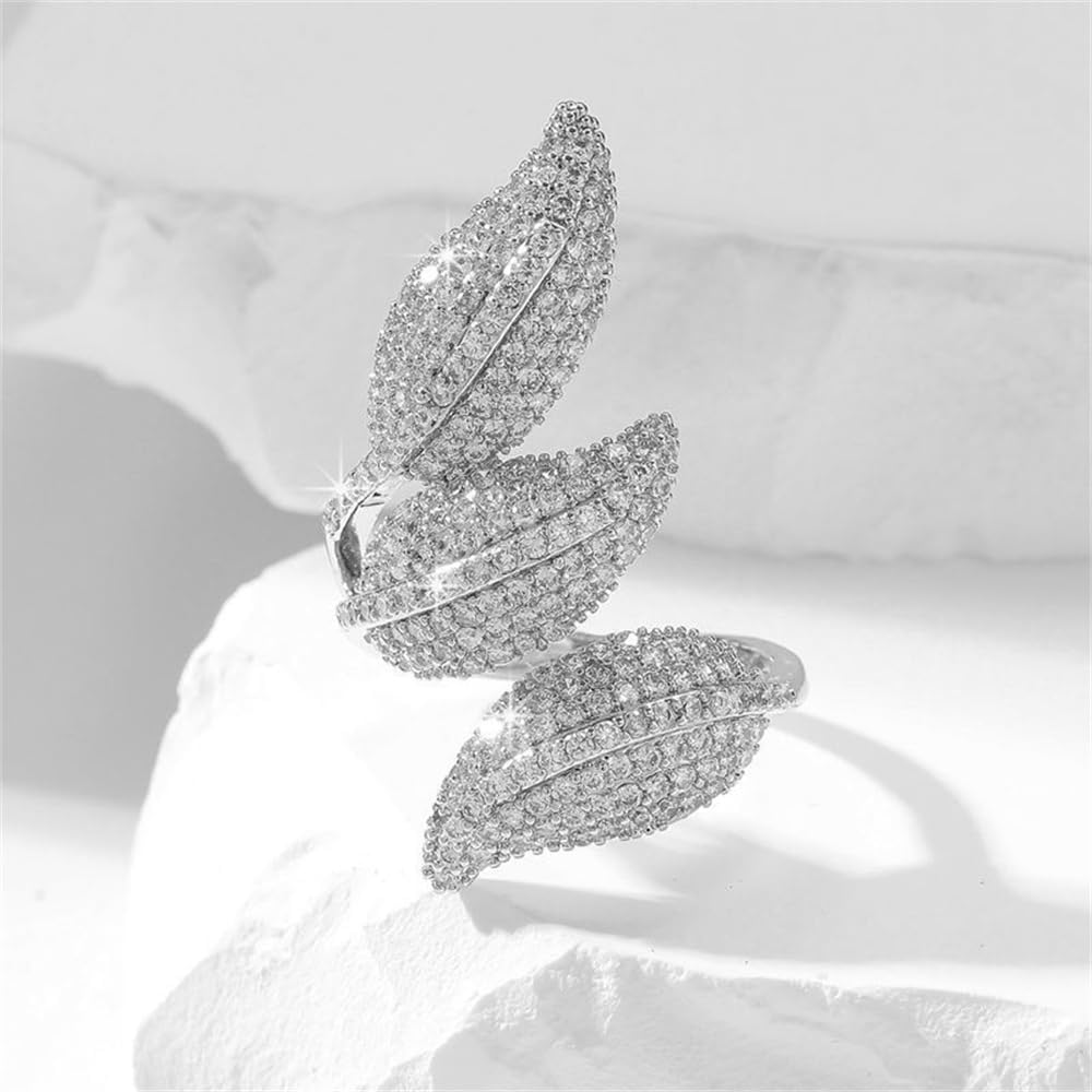 Kokoma Sparkly Rhinestone Leaf Wrap Open Band Rings for Women Cubic Zirconia Geometry Flower Leaves Layered Climber Finger Bands Statement Ring Dainty Jewelry Adjustable - Image 4