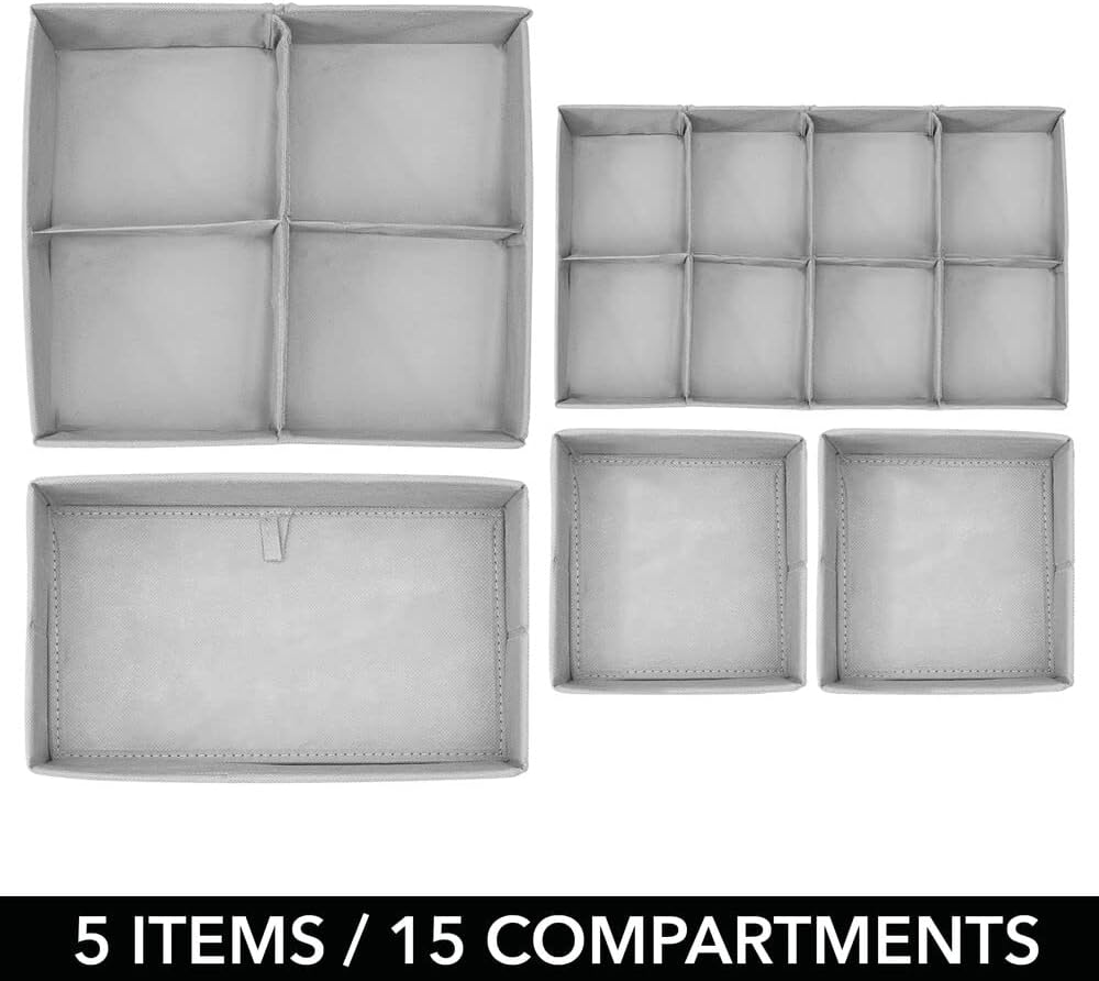 mDesign Soft Fabric Dresser Drawer/Closet Divided Storage Organizer Bins for Nursery - Holds Blankets, Bibs, Socks, Lotion, Clothes, Shoes, Toys - Set of 5 - Gray/White Polka Dot