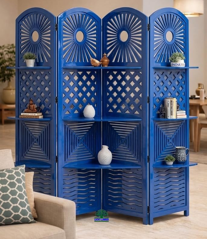 Image of Wooden Room Divider Partition Screen with Shelves | Foldable Decorative Privacy Separator Panel for Living Room, Bedroom, Office & Hall | Modern Blue Finish Home Decor