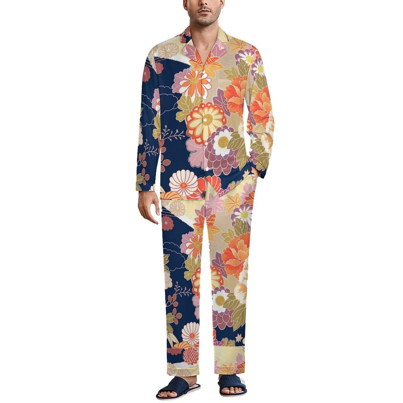 Amazon.co.jp: 和柄 和風 さくら 花柄 パジャマ メンズ 長袖長パンツ