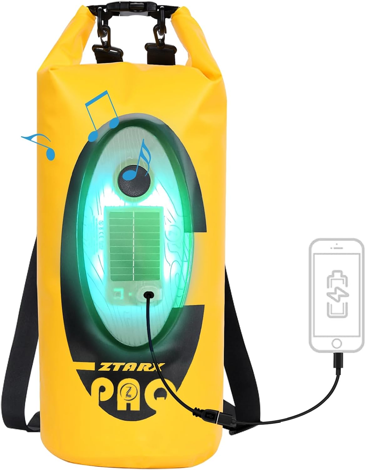 Dry Bag Waterproof with Solar Bluetooth Speaker & Light – 10L Roll Top Dry Sack Keeps Gear Dry for Men Women Kayaking, Beach, Rafting, Boating, Hiking, Camping and Fishing (Yellow)