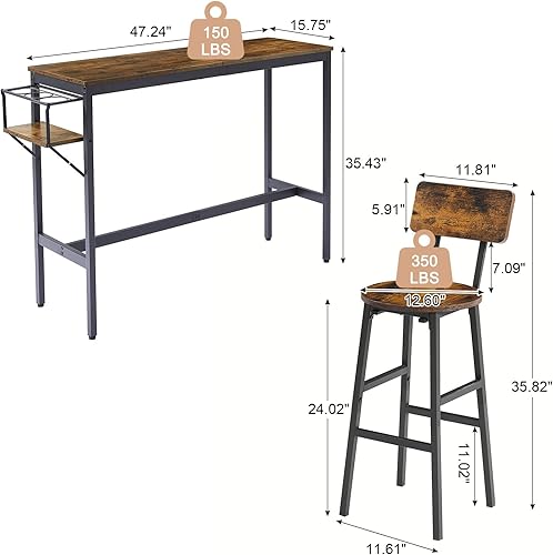 Miniatura 6 de GNIXUU Juego de mesa y silla de bar industrial de 3 a 47 pulgadas con estante plegable para vino, marrón rústico