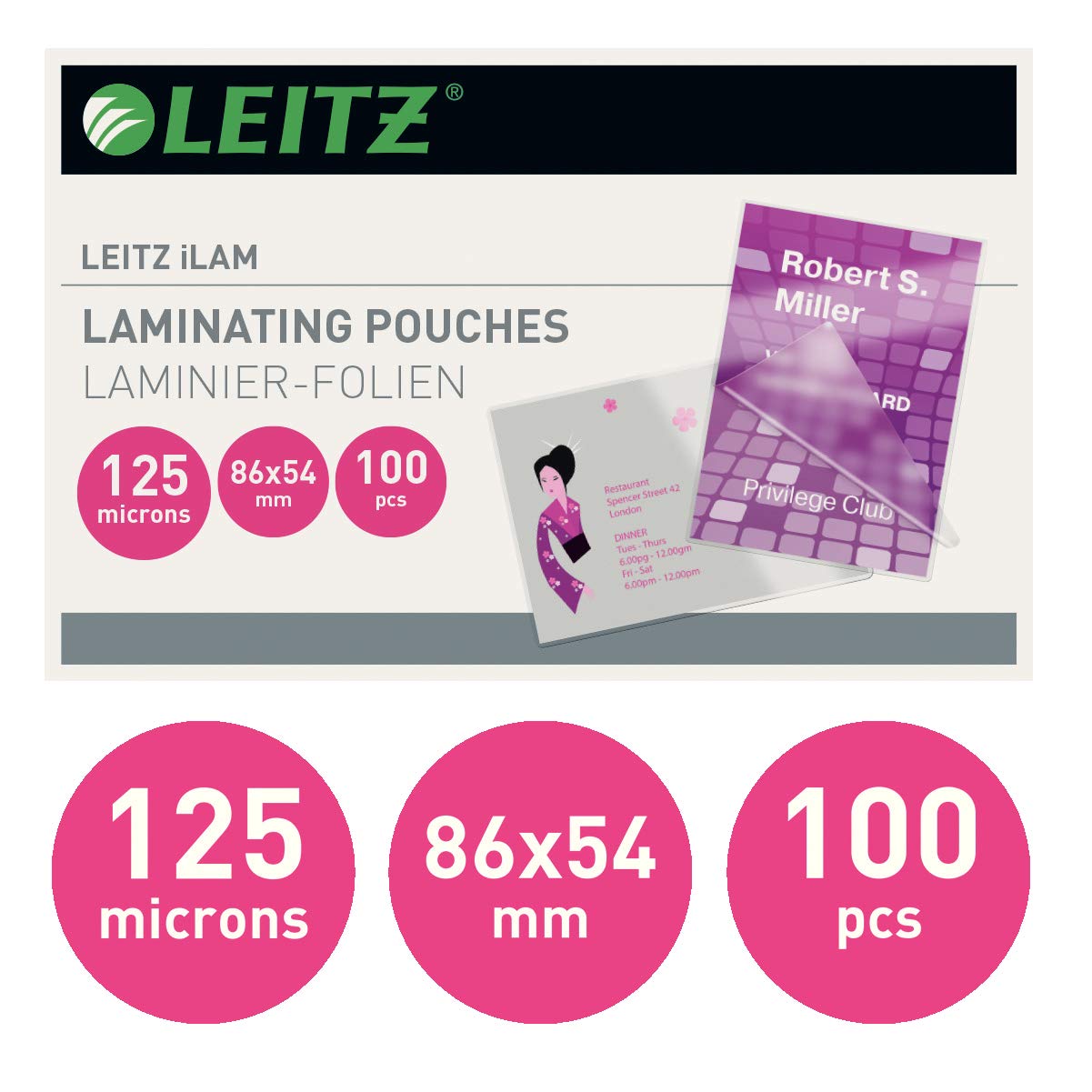 Leitz 33810 Laminating Pouches Made of 125 Micron Thick Material (Transparent, Glossy, Credit Card) - Pack of 100