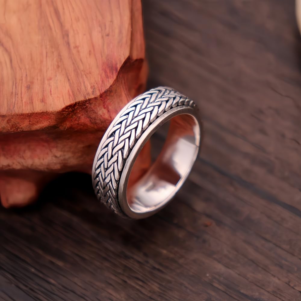 Bague tressée en Argent Sterling 925, Anneau Rotatif, Anti-Stress, anxiété, pour Hommes et Femmes, Taille 7,5 à 11,5