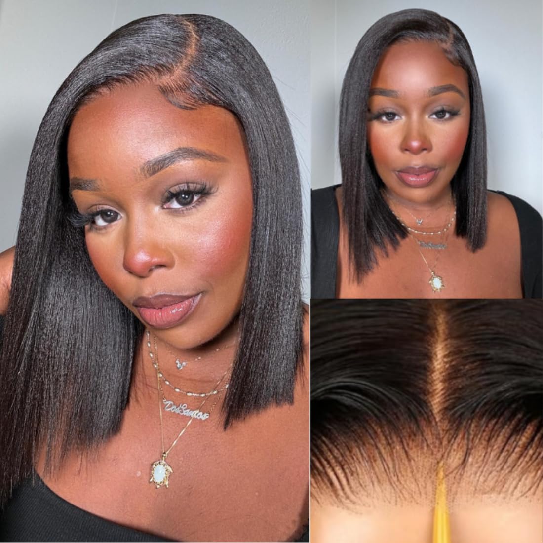 NadulaGlueless Yaki Straight Bob Bye Bye Knots 7x5 Lace Front Wigs Human Hair Pre Plucked Invisible Knots Pre Everything 3S Ready to Wear Short Yaki Bob Wigs Pre Cut 150% Density 10inch