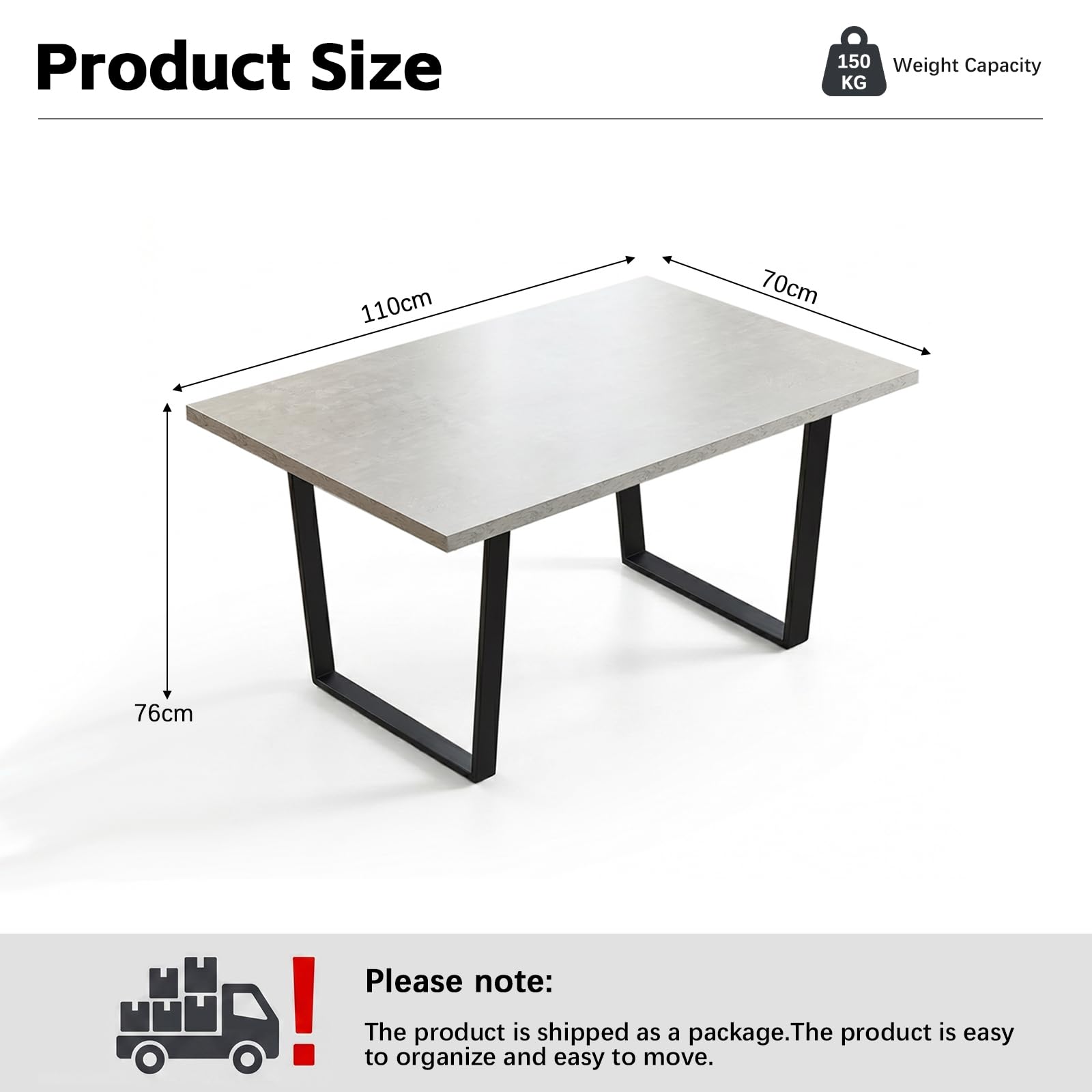 JIEXI Esstisch, 110 cm, Grauer Küchentisch mit Schwarzen Metallbeinen, Moderner MDF Esstisch für 4-6 Personen, Platzsparend, für Küchen, Wohnzimmer, Büro (JA7054-110 cm, 1 Esstisch-110 cm)