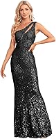 Sparkly One Shoulder Sequin Mermaid Dress for Women - Bodycon Formal Evening Gown Maxi Ball Gown Prom Wedding