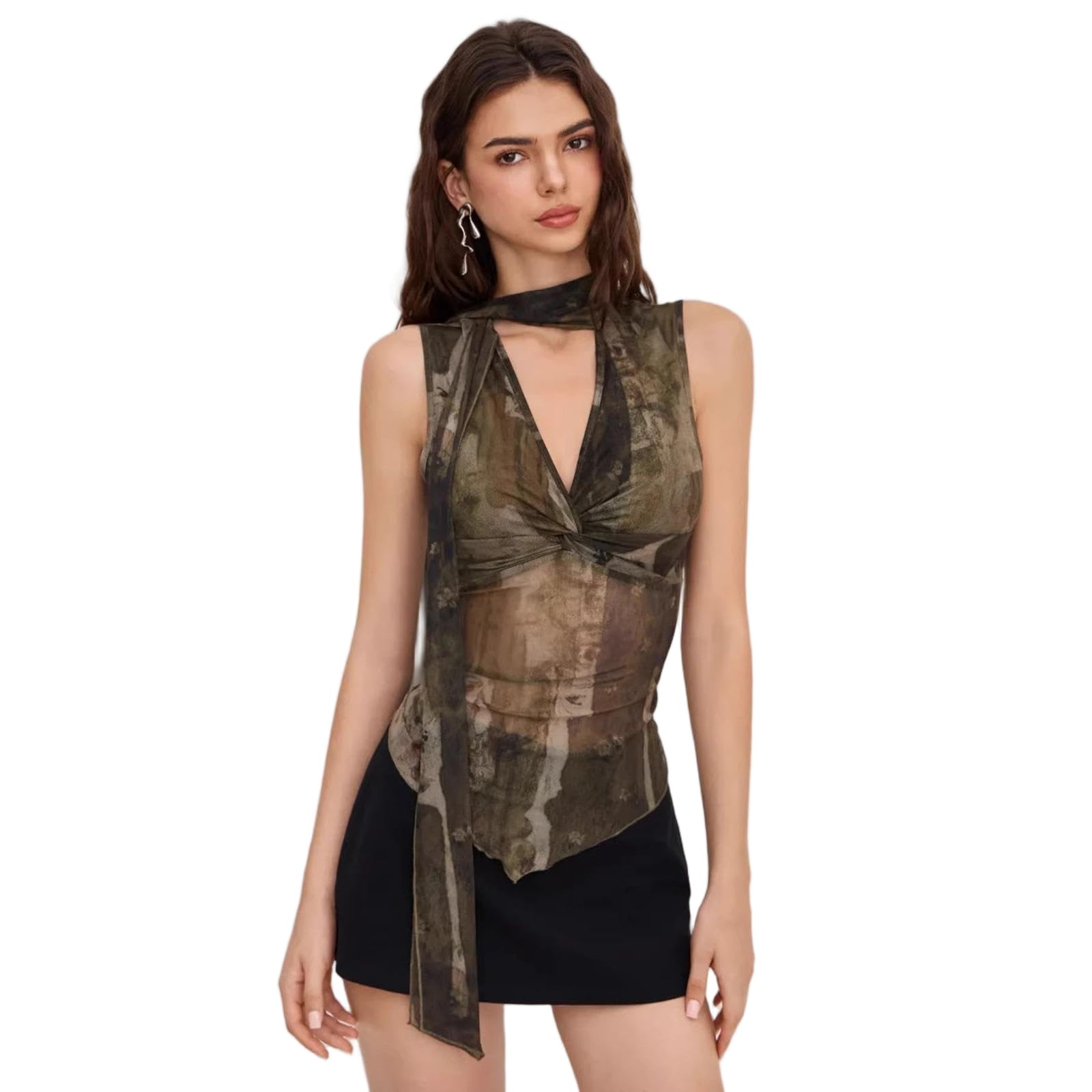 JCVBN - Top halter para mujer, estampado degradado, para salir de verano, Y2K, cuello halter, parte delantera torcida, estampado degradado, detalle de corbata, salir, estilo Y2K, poliéster