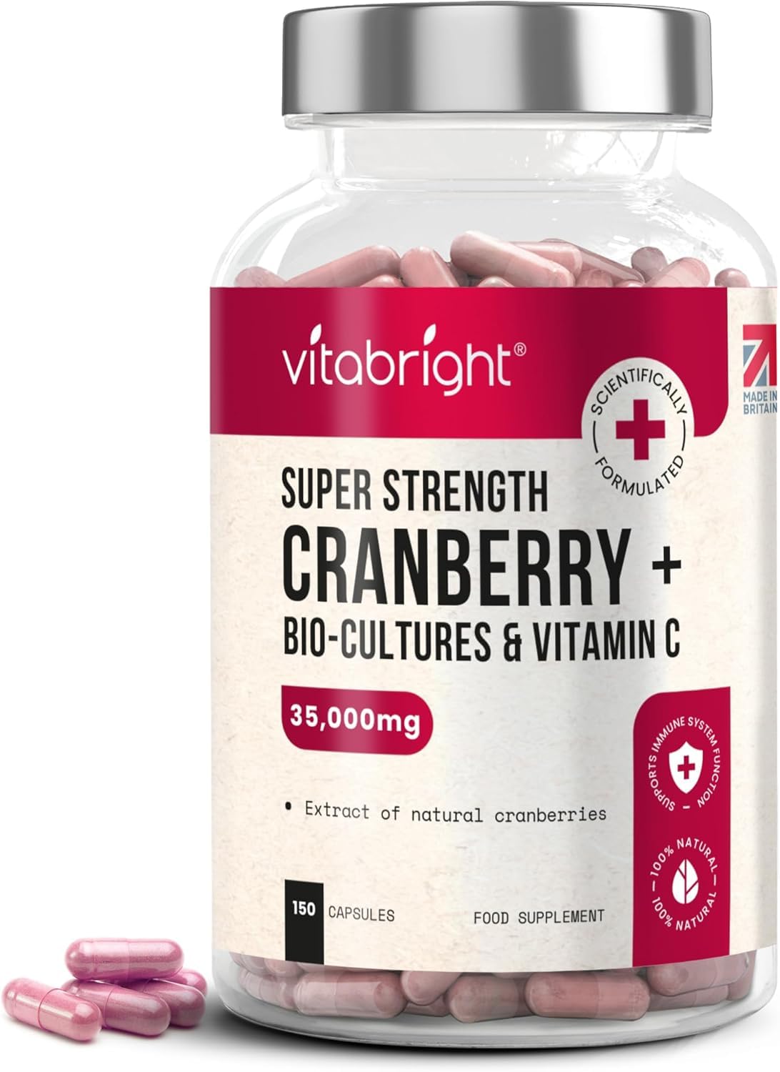 VitaBright Super Strength: 35,000mg Cranberry Capsules with Bio Cultures and Vitamin C - 150 Capsules - Advanced Cranberry Extract Supplement - UK Manufactured