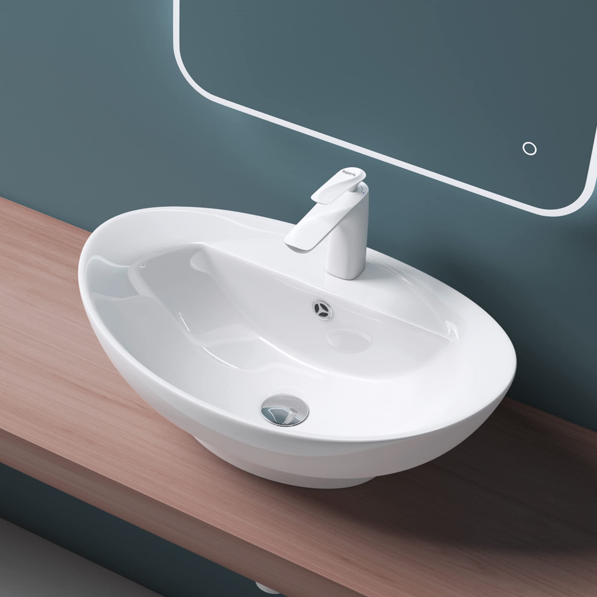 Mai & Mai Vasque Ovale à Poser 59x39x21cm Blanc avec Trop-Plein | Vasque Lavabo, avec Perçage de Robinet, Céramique, pour Salle de Bains Moderne, BR302
