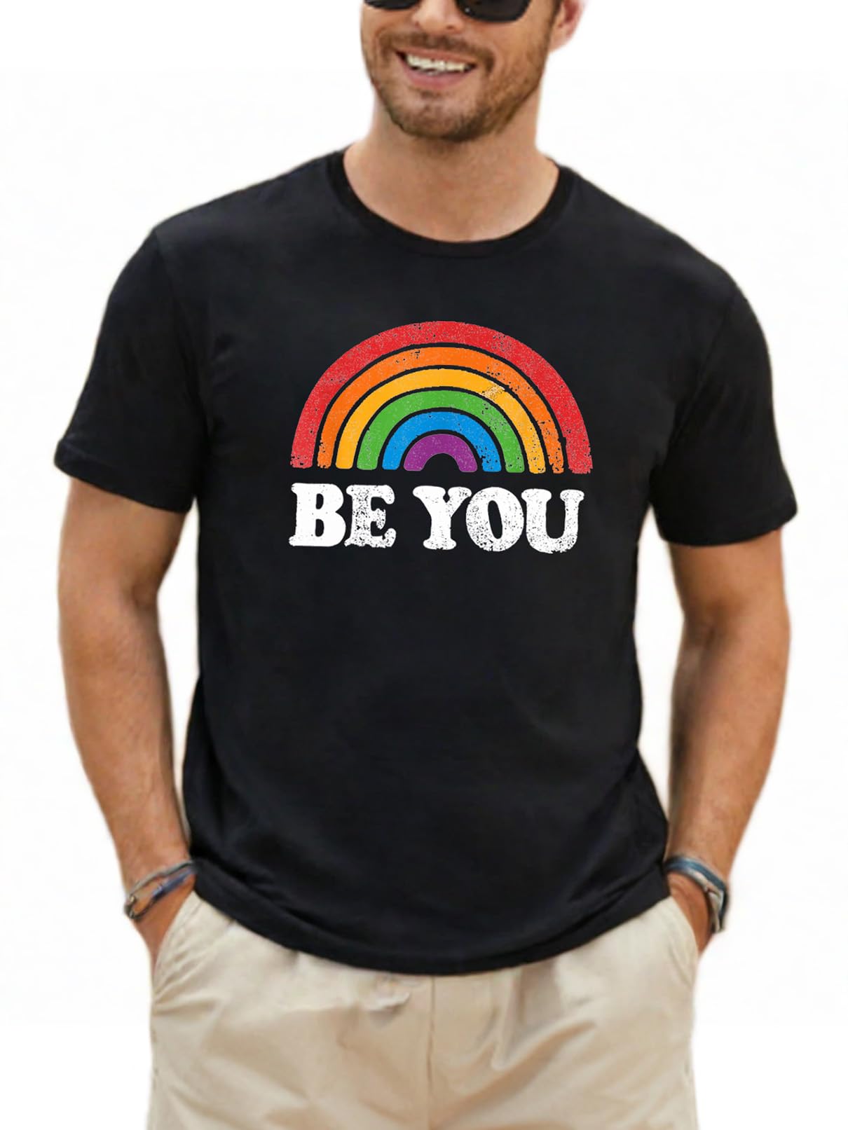 Deranex Mens Pride Letter Print T-Shirt Rainbow Graphic Tee LGBT Gay Short Sleeve Tops