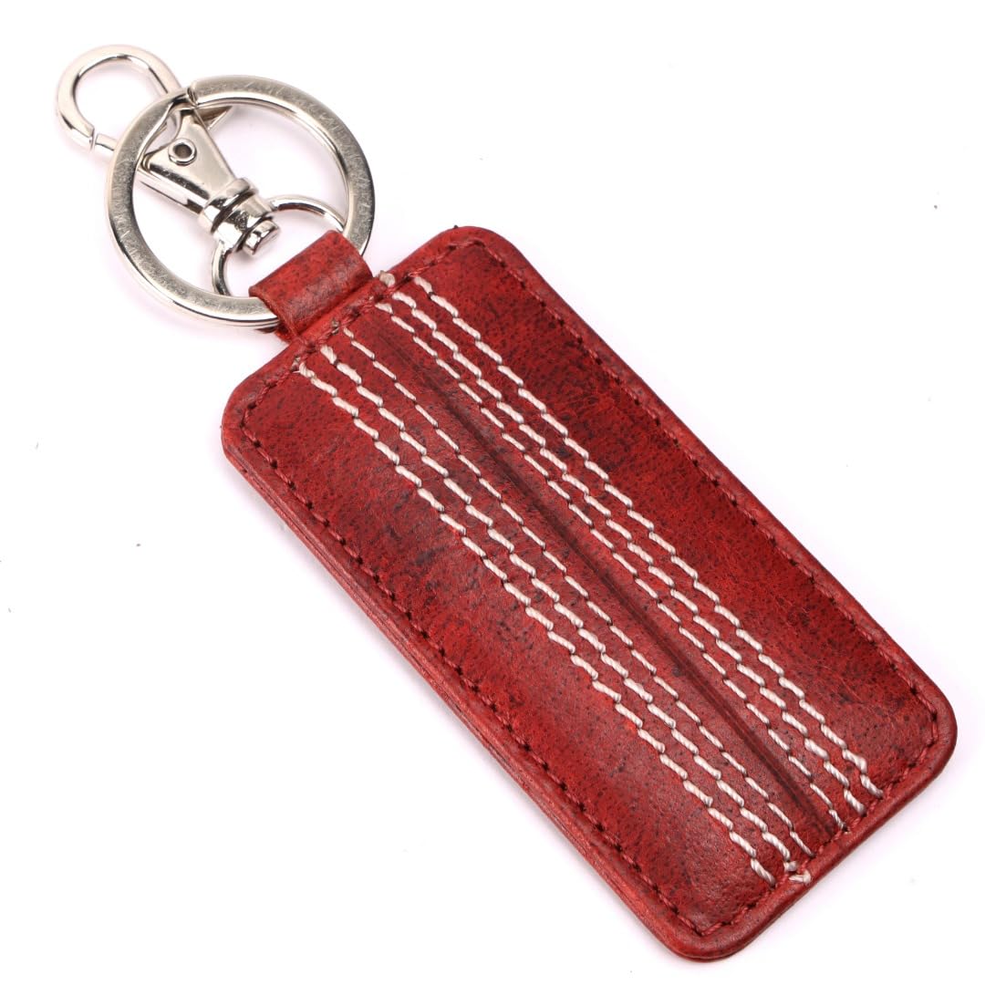 Cricket-Gifts Red/White Buffalo Leather Key Fob | Genuine Cricket Leather | Durable & Elegant Design | Leather With Stitching | Compact Size,