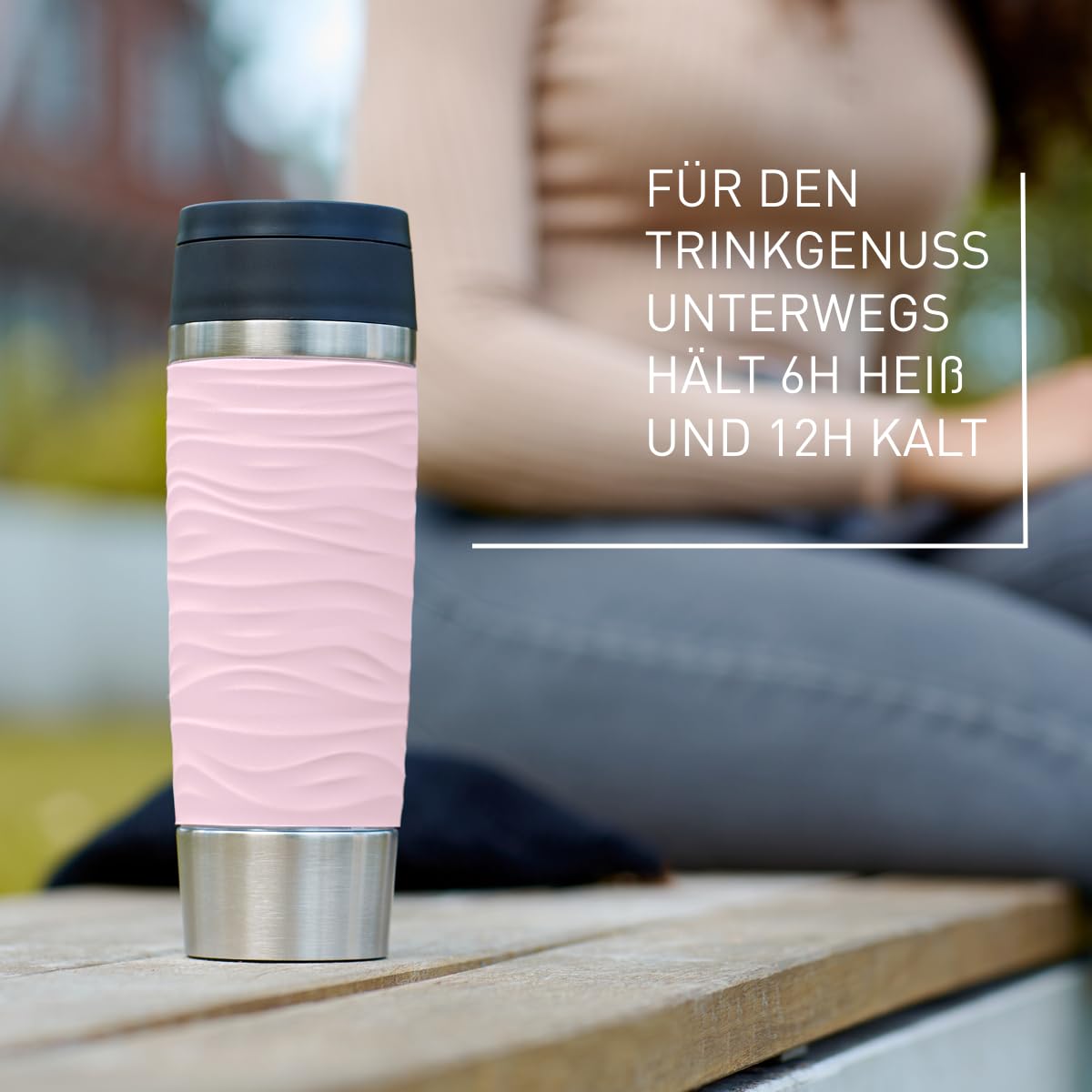 Emsa Travel Mug Waves mit Gravur 500ml – Personalisierter Thermobecher mit Namen oder Logo, Isolierbecher für Kaffee & Tee to Go, Edelstahl, Quick Press Verschluss, 100% auslaufsicher (Rosa)