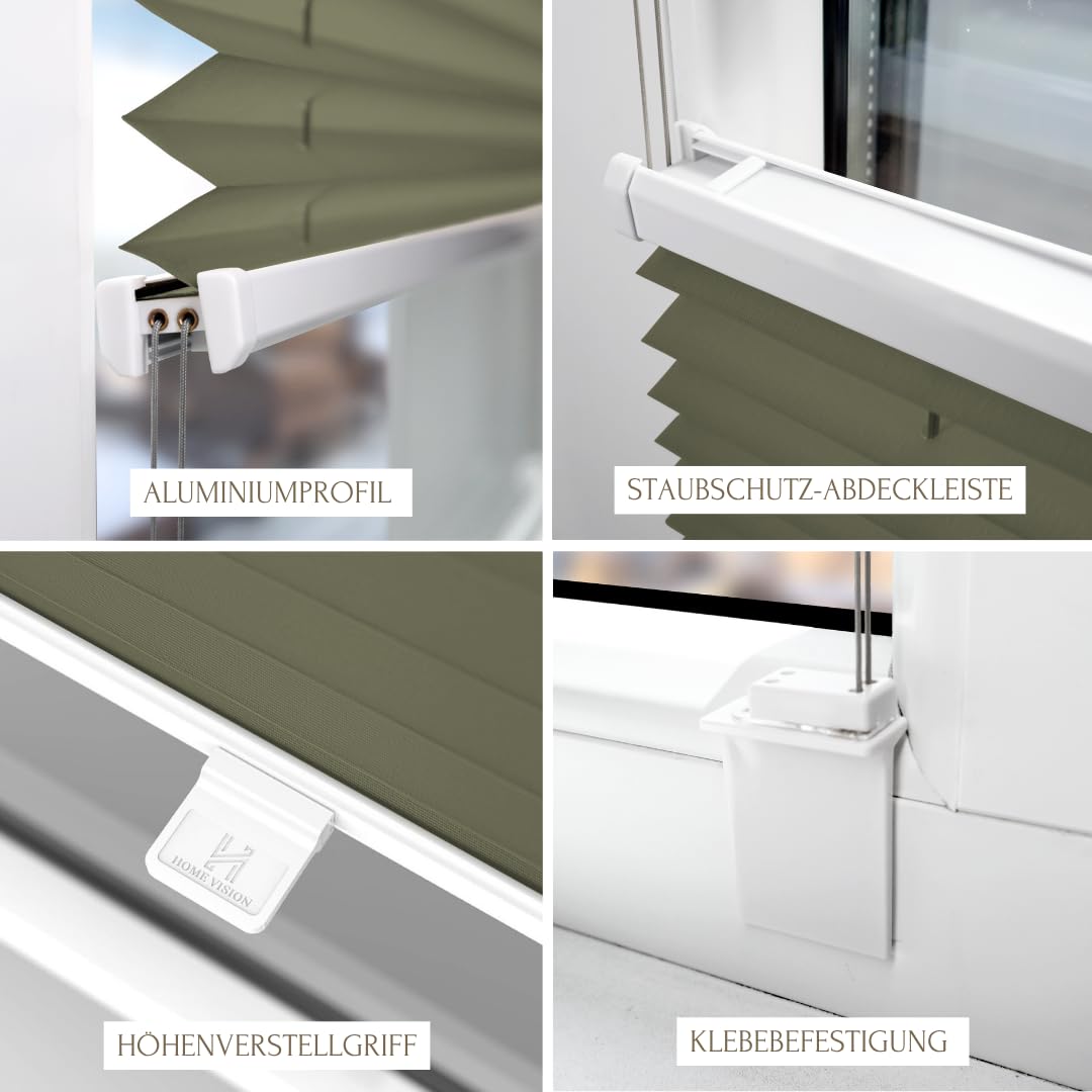 Home-Vision Premium Plissee Faltrollo zum Kleben Olive B70cm x H120cm