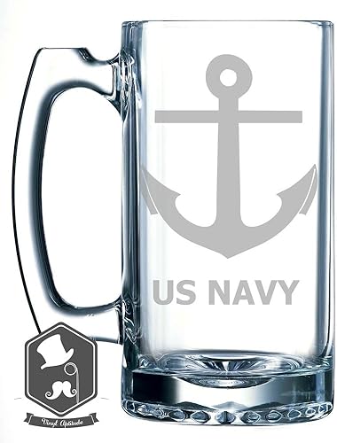 Taza de cerveza grabada hecha a mano con logotipo de ancla de los Estados Unidos, 25 onzas, jarra de vidrio