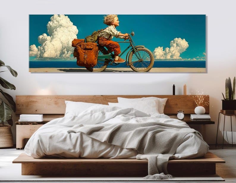 Toile petit garçon à vélo décoration poétique et vintage chambre enfant