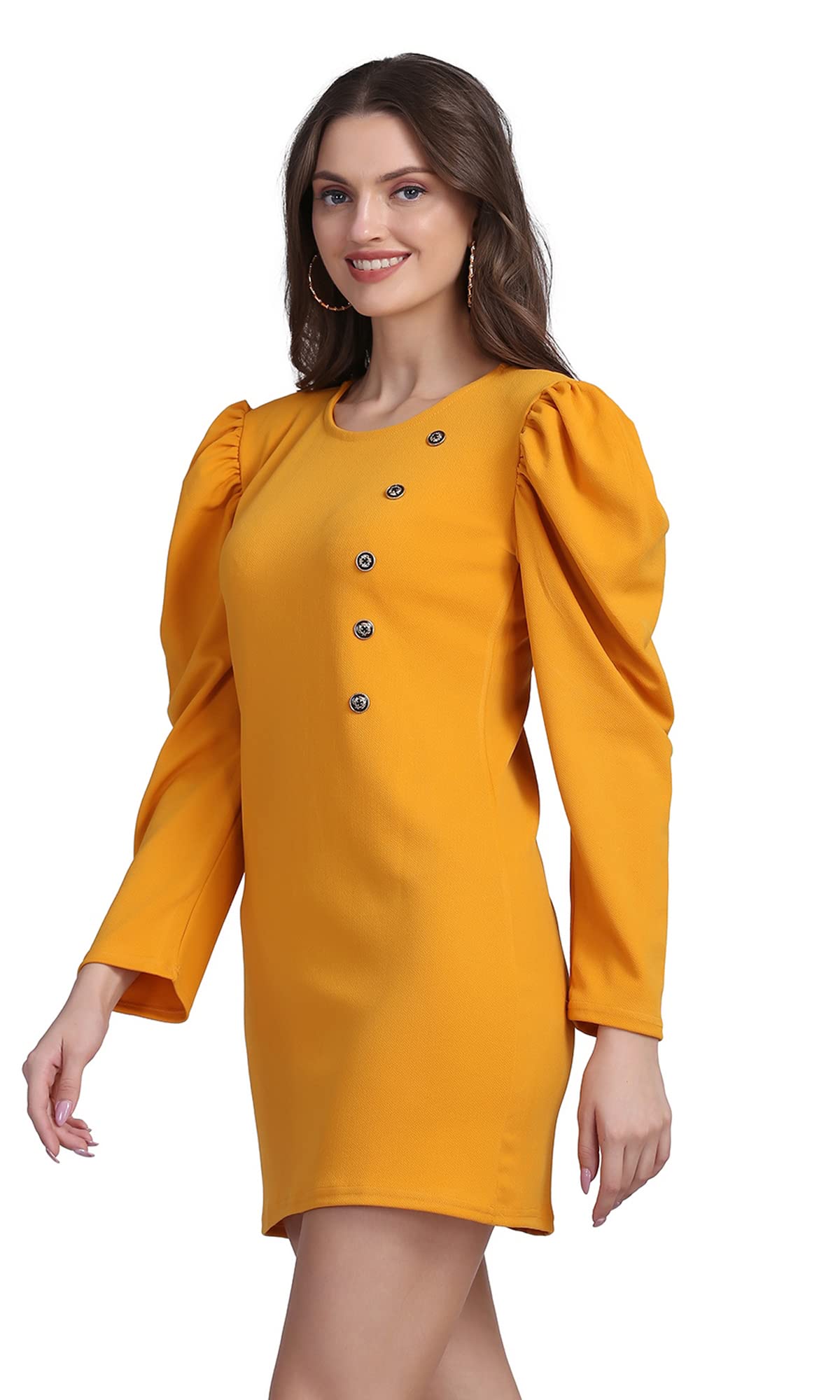 Shasmi Women's Comfortable Mustard Round Neck Full Sleeve Solid Midi Bodycon Casual Western Stylish Dress For Womens/Midi Dress For Girls (Shree Midi 13 Mustard Xl)