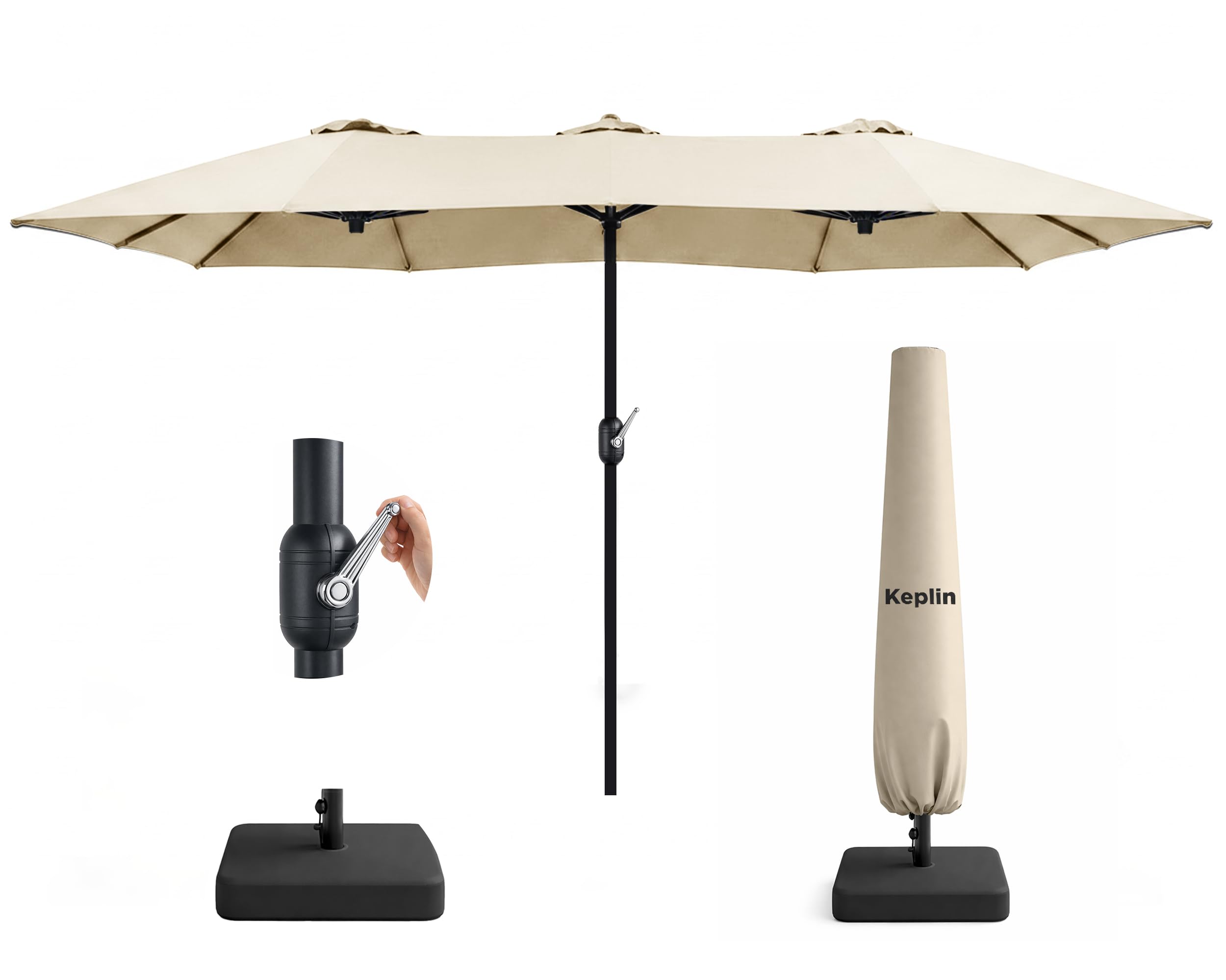 KEPLIN Double Garden Parasol with Base and Cover 4.5x2.7m โ Extra Large Outdoor Patio Umbrella, 12 Steel Ribs, 180gsm Polyester Canopy, Crank Handle, Weather Resistant Shade, UV Protective, Cream
