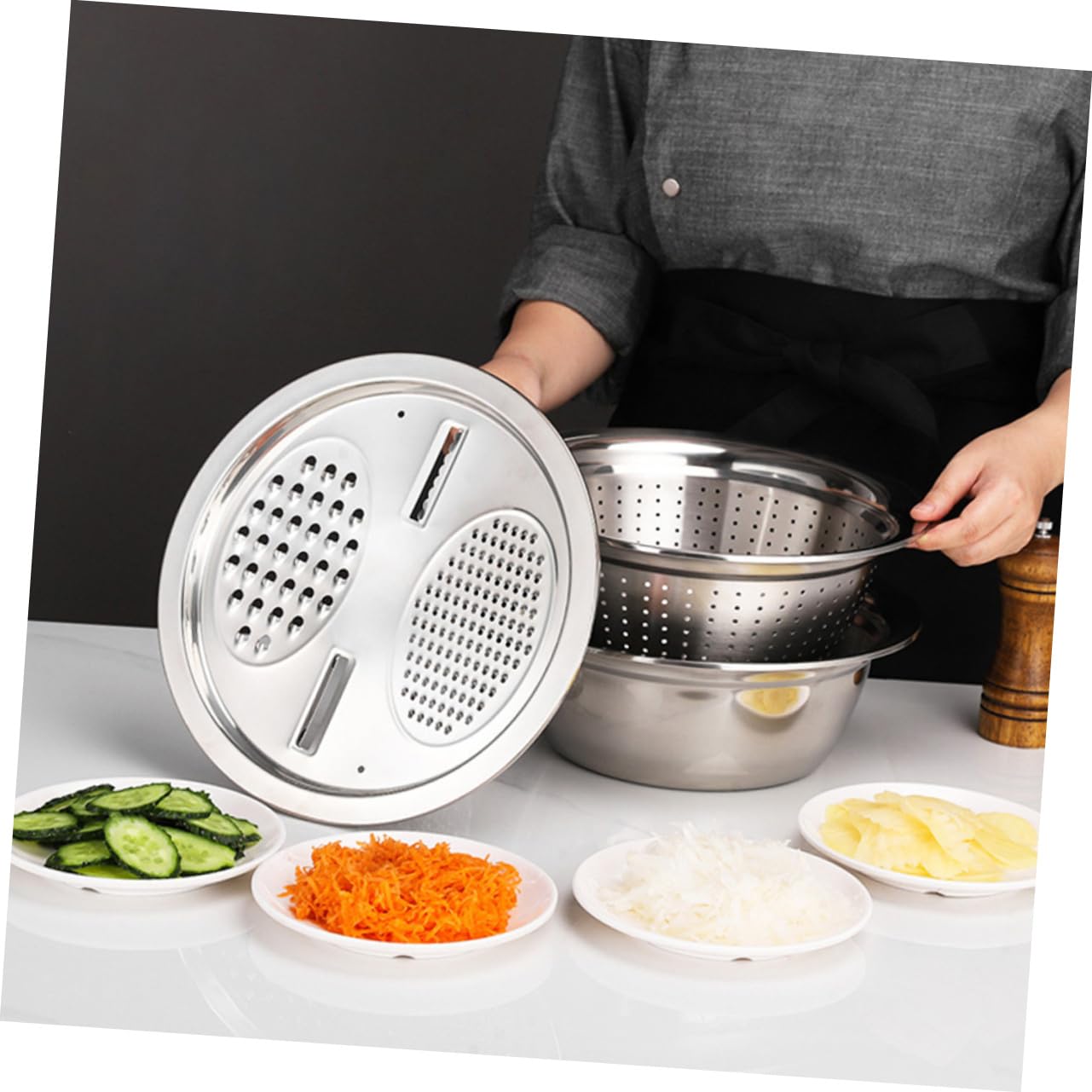 Set Basin Multifonction Acier Inoxydable avec Éplucheur et Râpe Passoire Résistante et Ergonomique pour Cuisine Professionnelle