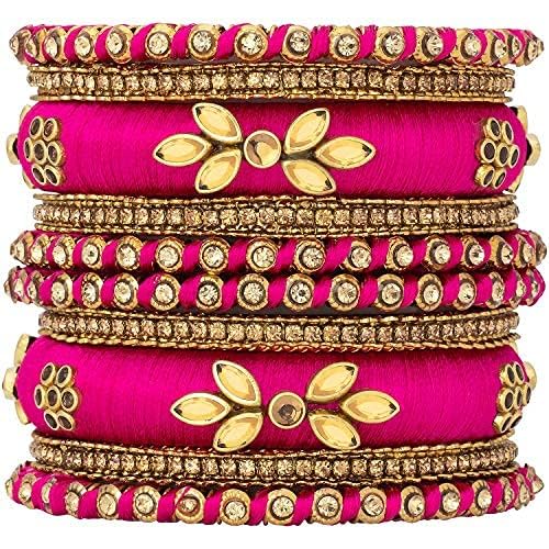 Aheli Royal Design Silk Thread Bangle Set Saree Matching Chuda Indian Traditional Wedding Fashion Jewelry Gift for Women (Silk Rani Pink-Faux Stone, 2.8)2