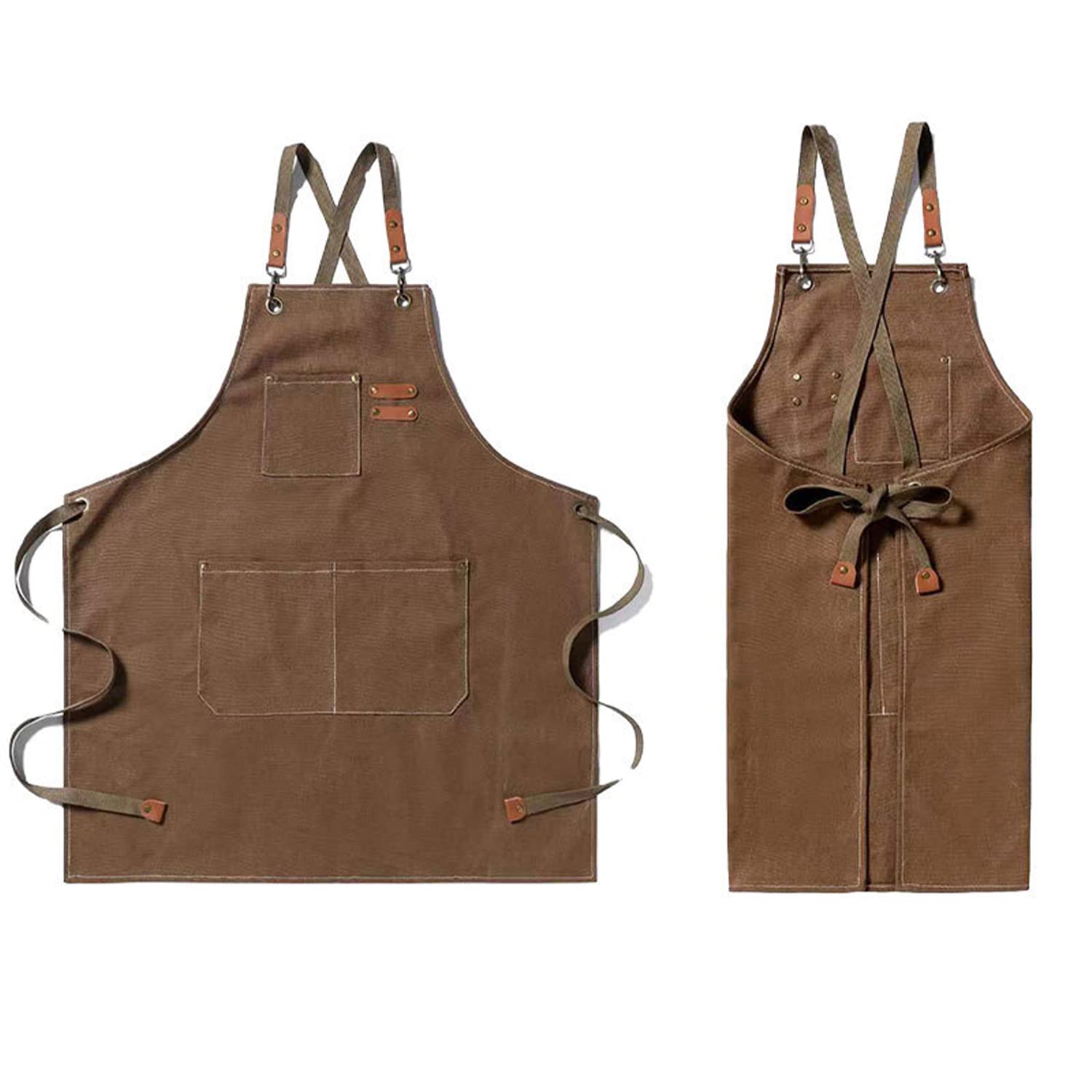 MYMM Chef Apron, Waterproof Cotton Canvas Cross Back Adjustable Apron with Adjustable Straps and Big Pocket Apron, Kitchen Cooking Baking Bib Work Apron (Brown)