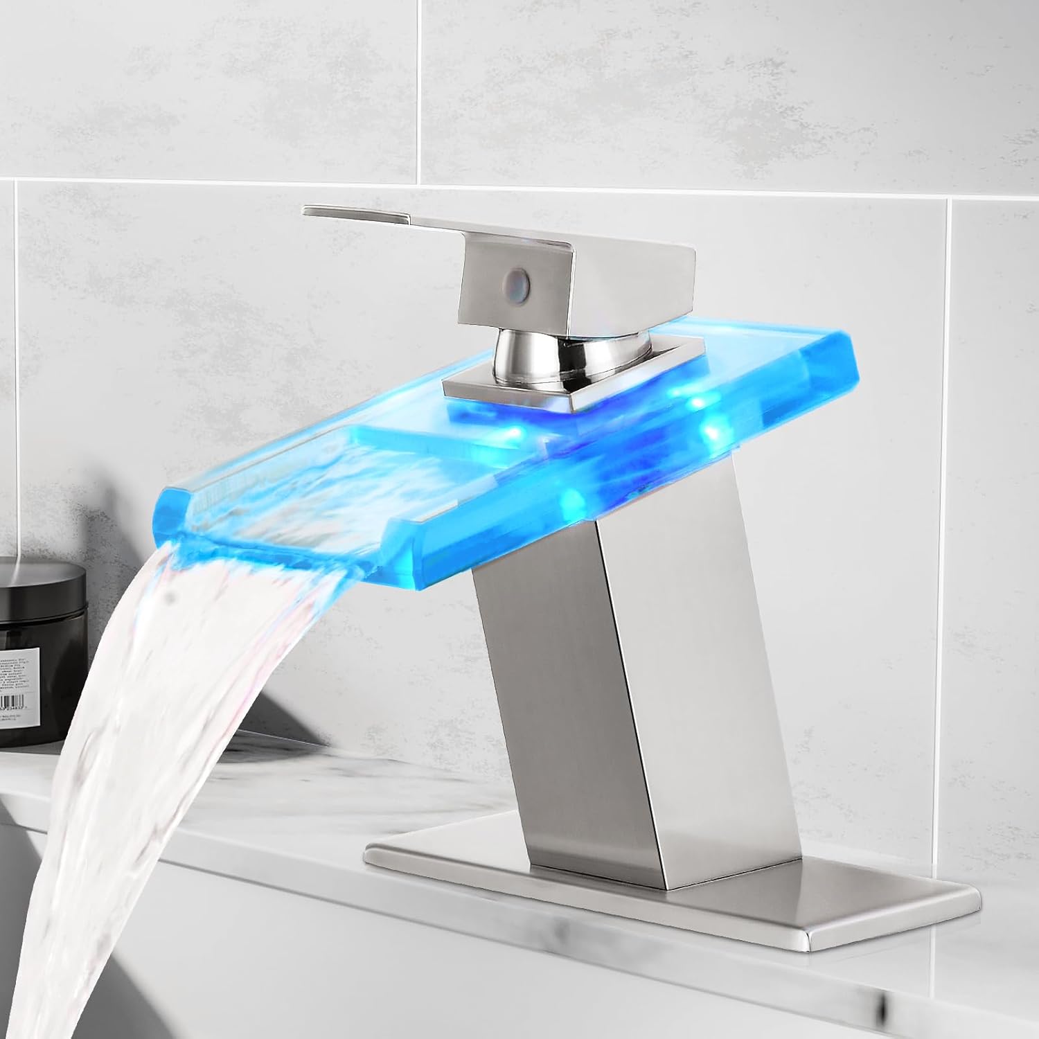 Qomolangma LED Waterfall Bathroom Faucet, Nickel Modern Single Handle