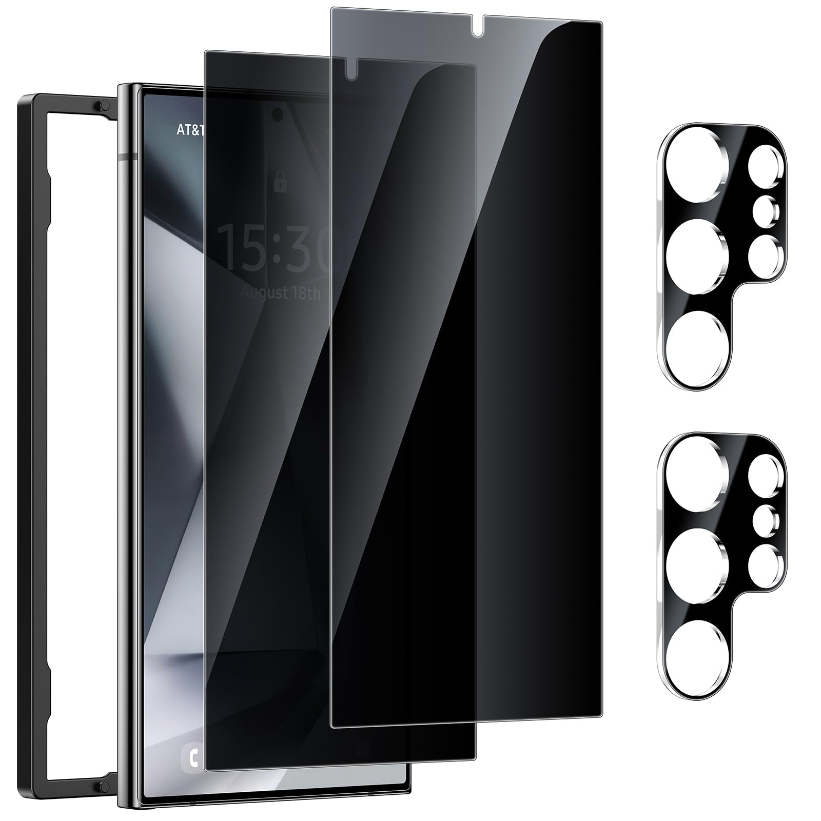 Esanik [2+2 Pack Privacy Screen Protector for Samsung Galaxy S24 Ultra 6.8-inch Anti Spy PET Film(NOT Glass) with Easy Installation Frame + Camera Lens Protector Fingerprint ID Compatible
