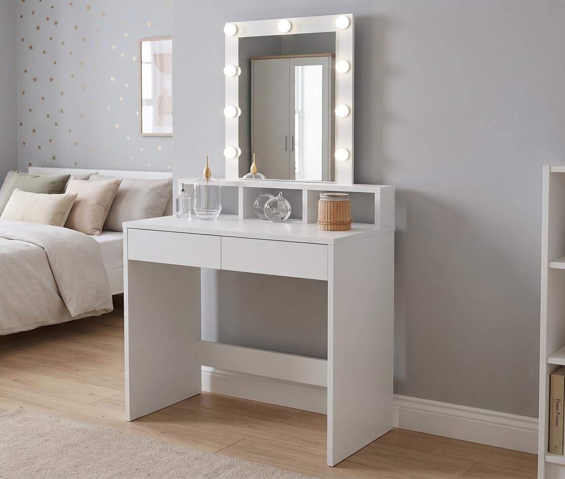 DORMIDAN Tocador de Maquillaje Grande con Espejo y Luces Led. Mesa 2 cajones y 2 estantes (Blanco)