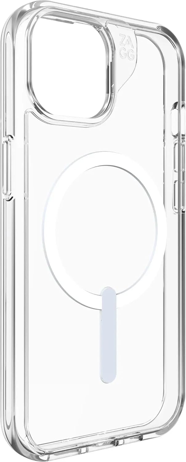 Close-up of the clear Crystal Palace Snap case for iPhone 15, showing the MagSafe ring
