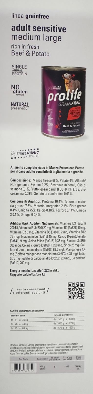 PROLIFE UMIDO CANE 6x400GR ADULT GRAIN FREE MANZO & PATATE MEDIUM/LARGE - Confezione risparmio 6 lattine da 400gr