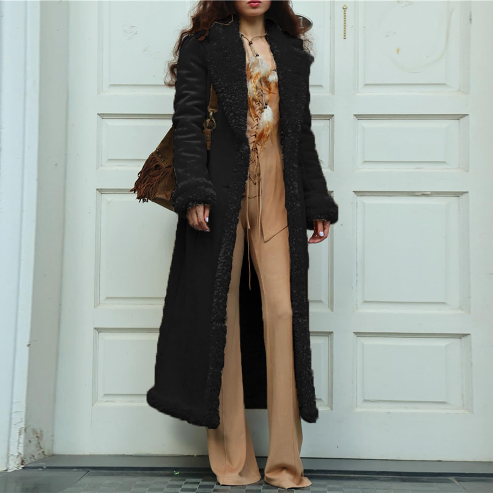 Wintermantel Damen Elegant Bodenlanger Trenchcoat Wollsamt Revers Mantel Warm Gefütterter Fleecemantel Temperament Winterjacke Plüschmantel Thermo Outdoorjacke Plüsch Wollmantel Damenmantel