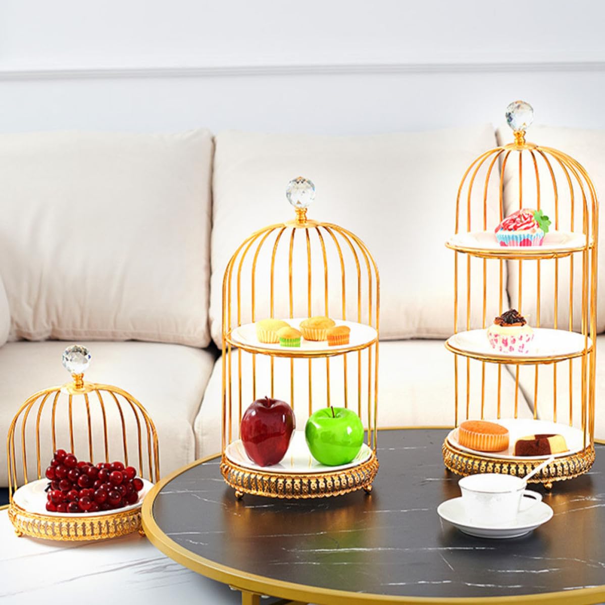 Scaffale per Dolci a Forma di Gabbia in Ferro e Ceramica Oro, Espositore per Dolci e Snack, Vassoio per Dessert per Feste di Compleanno e Party