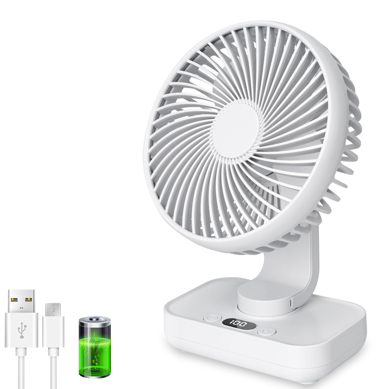 Portable Desk Fan, 4500mAh Rechargeable Small USB Desk Fan, Quiet Operation with 120° Oscillation & 90° Adjustable Tilt, Digital Display, 4 Speeds, Silent Personal Fan for Home, Office, Bedroom(White)