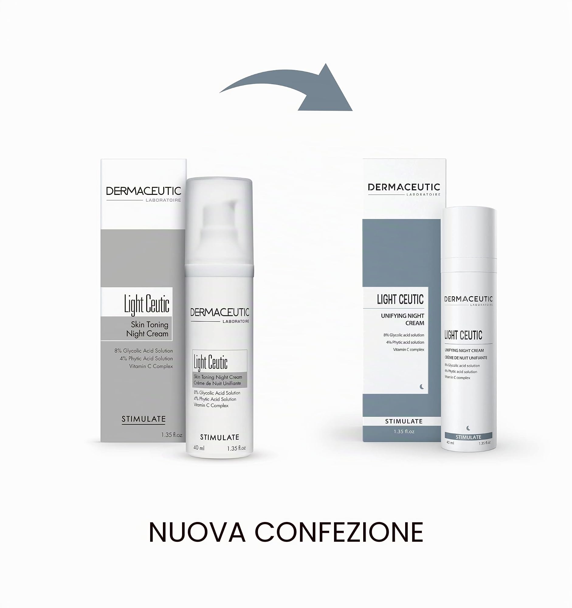 Dermaceutic Light Ceutic – Crema notte tonificante per la pelle – Crema viso illuminante anti-età con acido glicolico, acido fitico e vitamina C – Crema antirughe – 40 ml