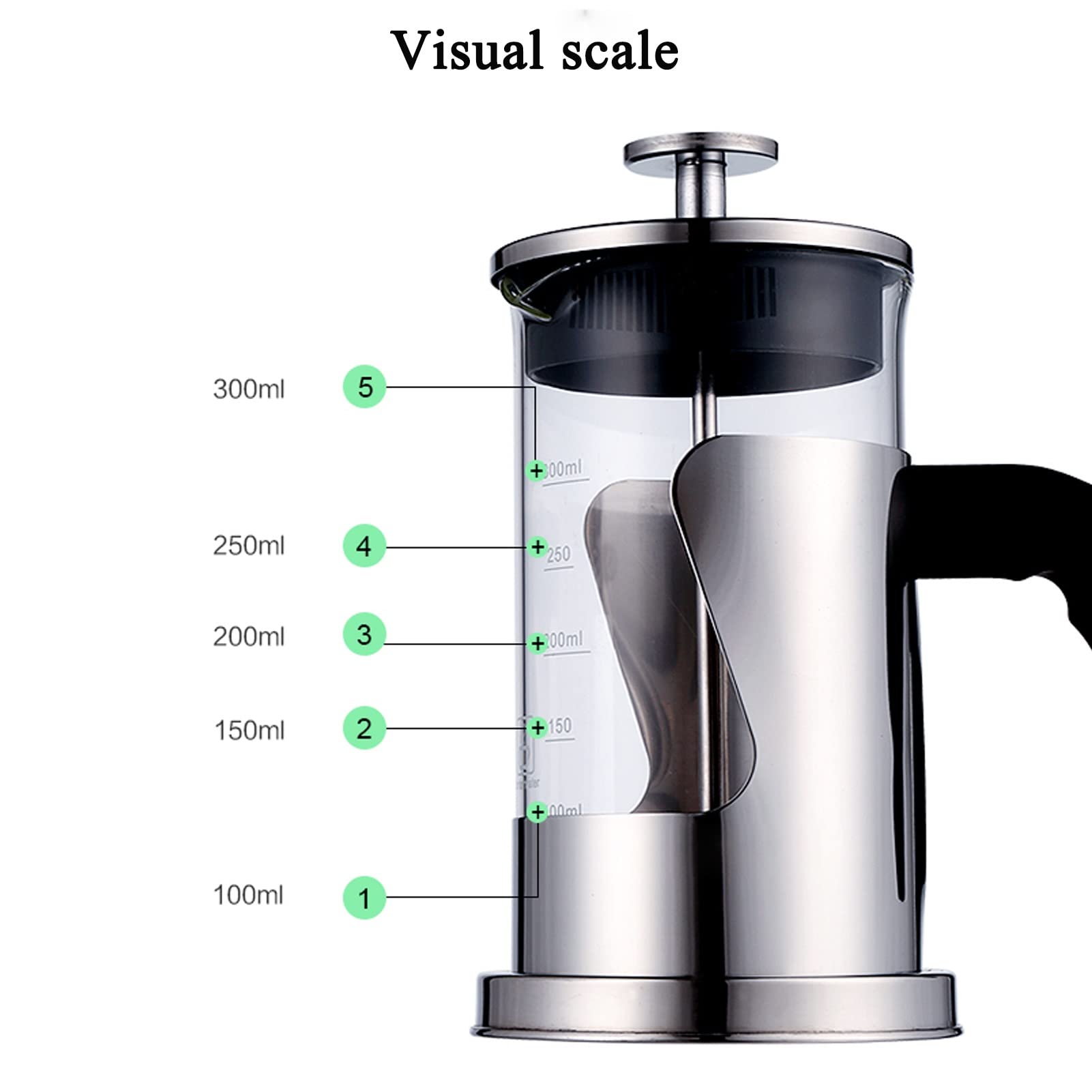 Cafetera Émbolo, Cafetera Francesa De Vidrio De Borosilicato Duradero Resistente Al Calor, Cafetera De Piston/Tetera De Acero Inoxidable con 3 Filtros, Fácil De Limpiar, para Regalos De Viaje De CAM