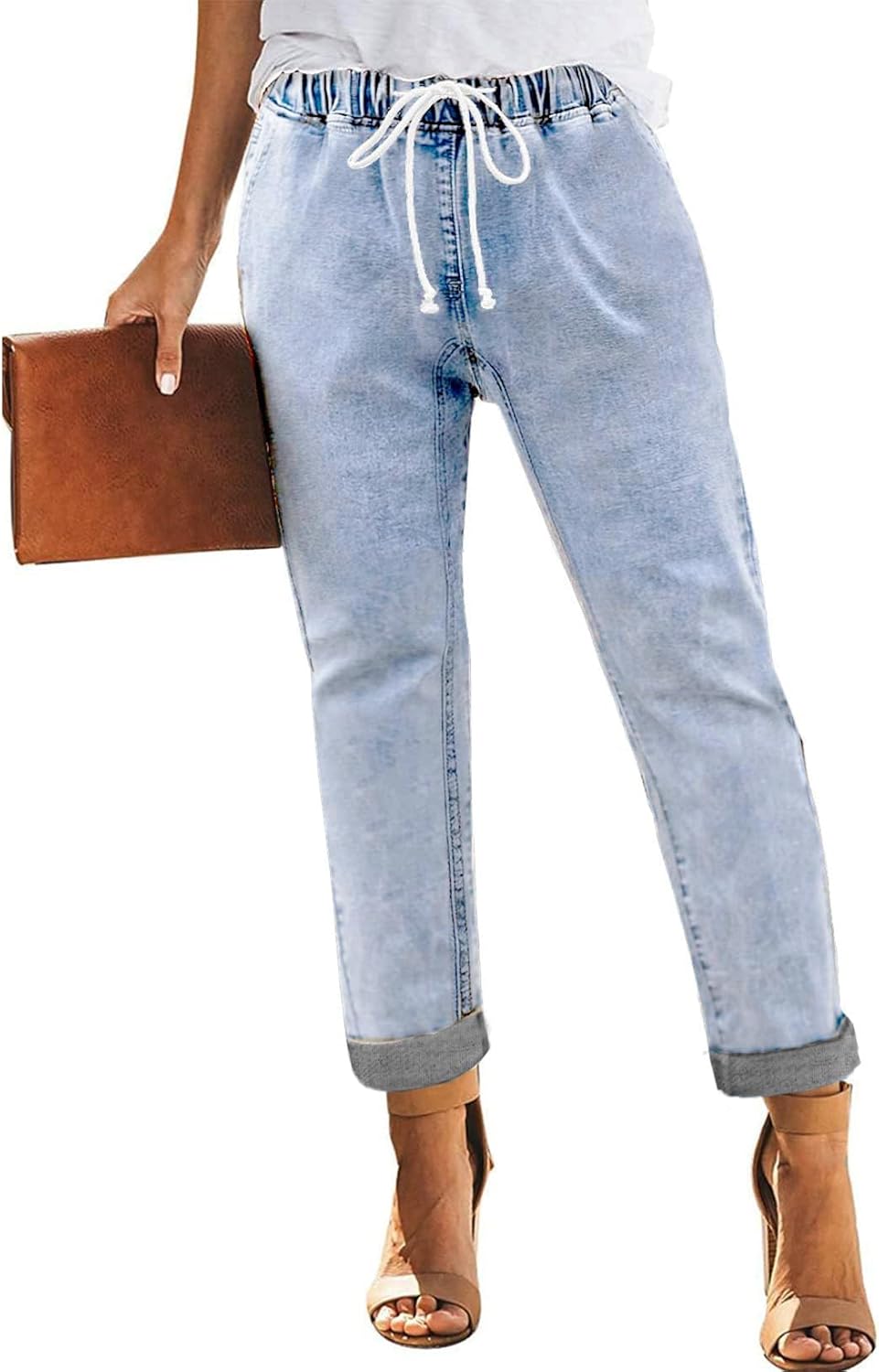 Sweezarmo Women’s Pull On Solid Color Jeans Drawstring Elastic Waist Denim Stretch Joggers for Women
