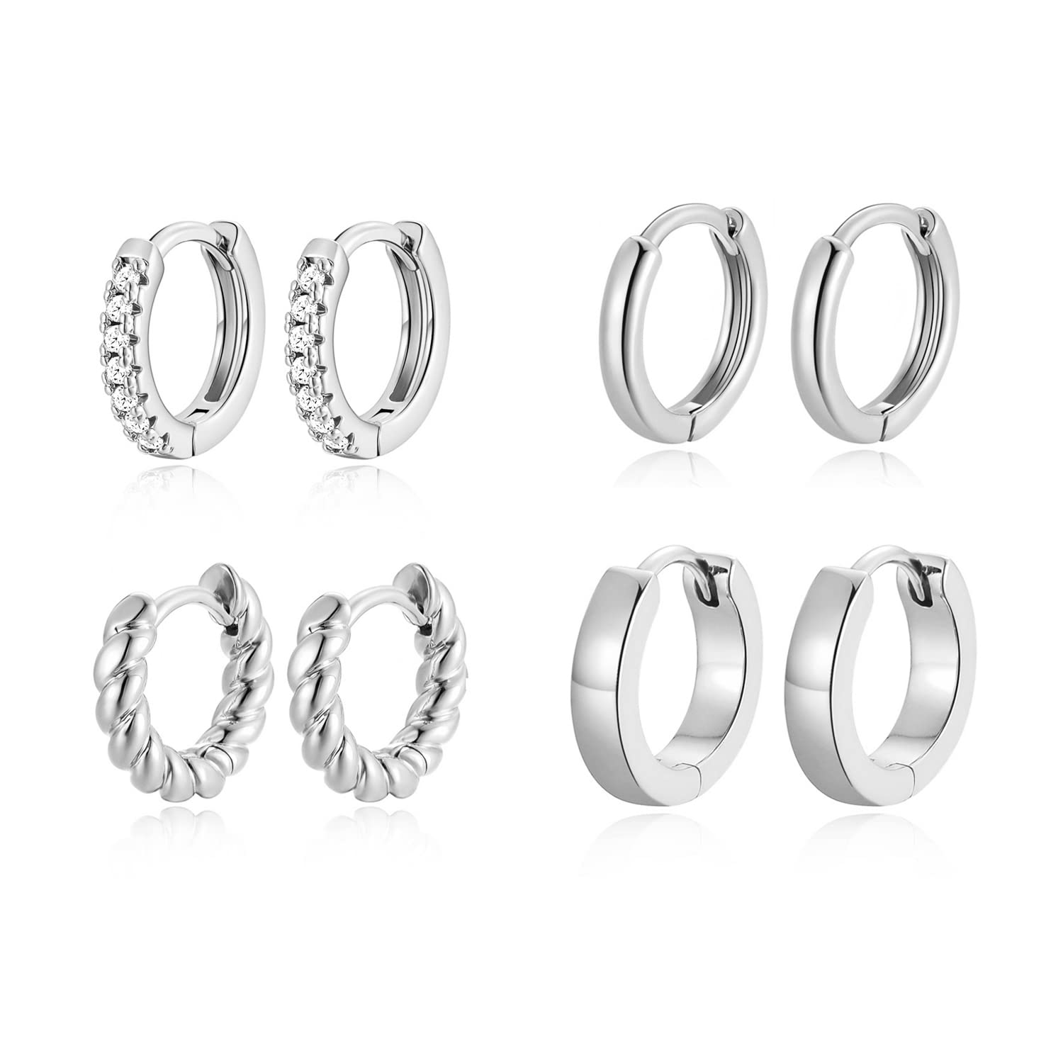 CLASSYZINT4 Pairs Hoop Earrings Set Twisted Glossy Zirconia Huggie Earrings For Multiple Piercing Cartilage Jewelry