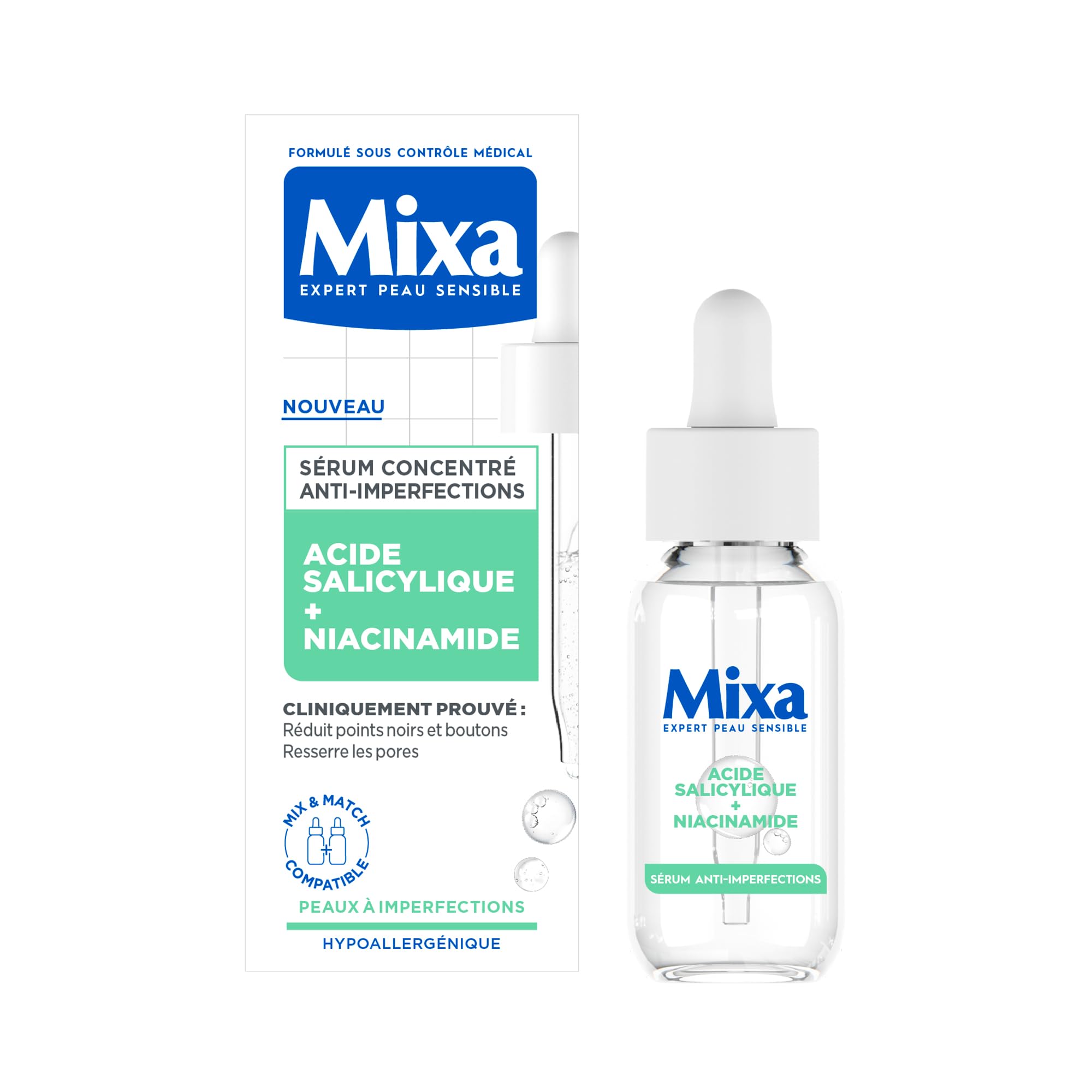 Mixa - Blemish Serum - For Blemished Skin - Enriched with Salicylic Acid and Niacinamide - 30ml, Anti-impurities, 30 ml (Pack of 1)