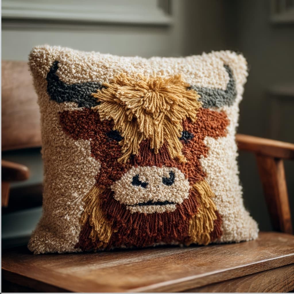 Taxpy Latch Hook Kits for Adults Beginners,Highland Cattle Pre-Printed Latch Hook Pillow Kit,Craft Rug Making Kits,DIY Embroidery Cushion for Home Sofa Decor & Gift Idea 17X17 in.