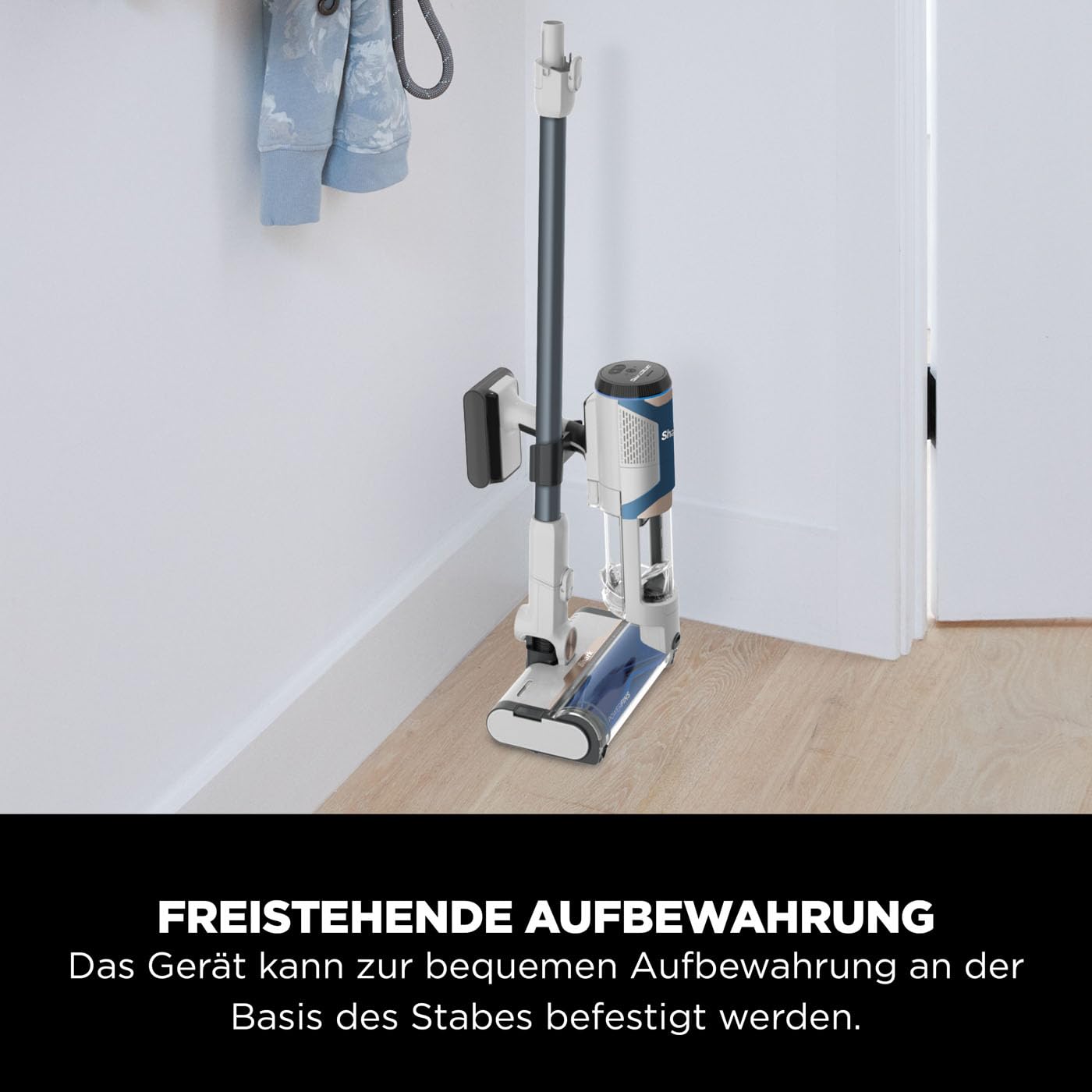 Shark kabelloser Akku-Staubsauger m. FloorDetect, Anti-Hair-Wrap, BU1120EU | PowerFins, 40 Min Laufzeit, LED-Display, Staubsauger kabellos & Handstaubsauger-Modus m. Fugendüse, Weiß und Marineblau