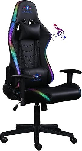Silla de videojuegos ergonómica de respaldo alto con luz LED RGB, altavoces Bluetooth y soporte lumbar, sillas reclinables giratorias ajustables